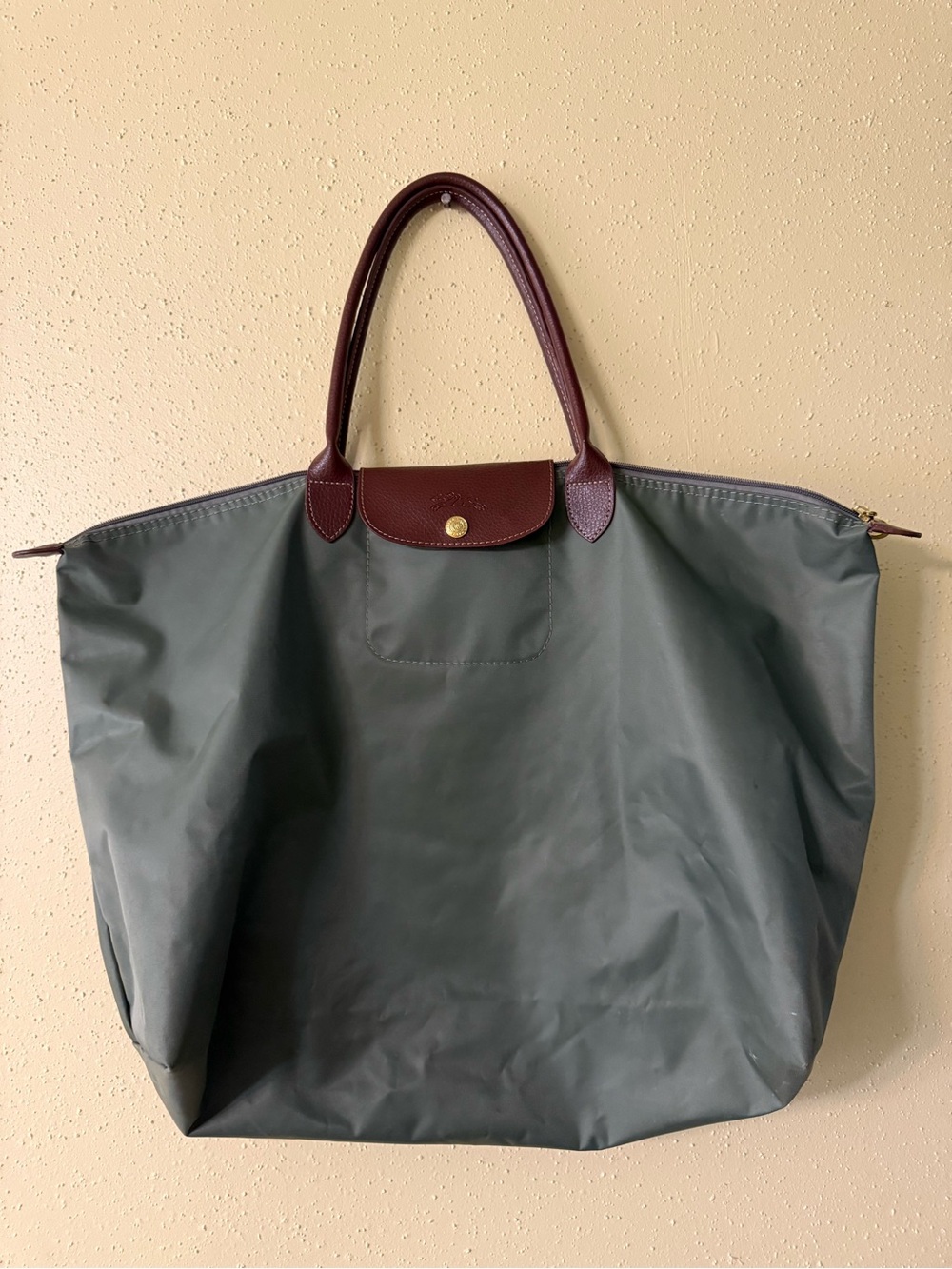 SOLD Longchamp Oversized Tote in Olive with Brown Trim
